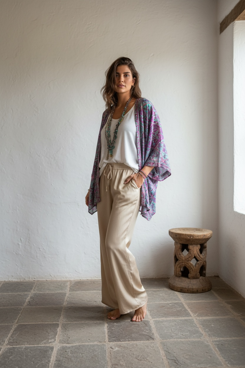 Kimono "Anaka Granada" turquesa y magenta