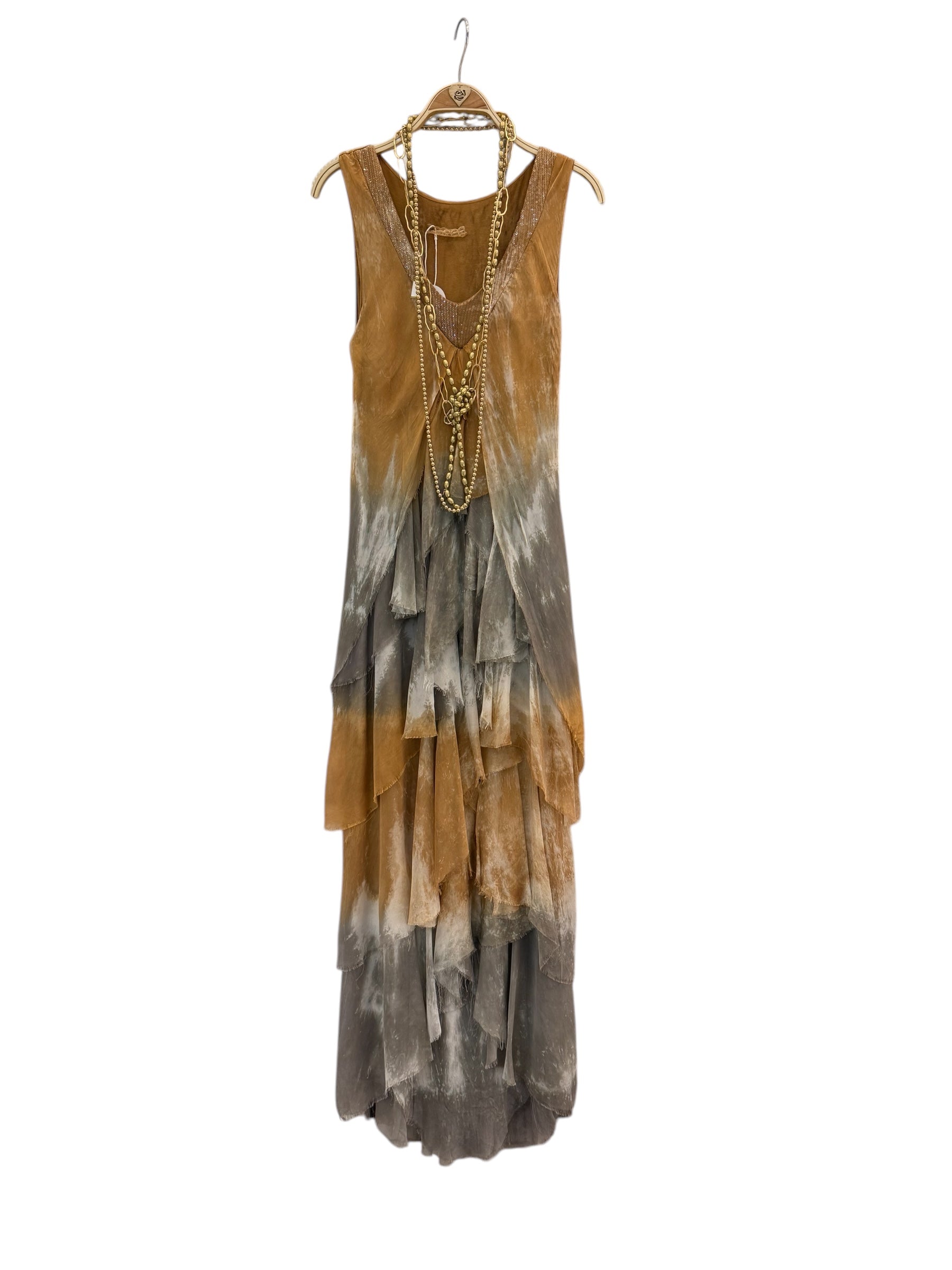 Vestido "Granada" tricolor ocre y gris
