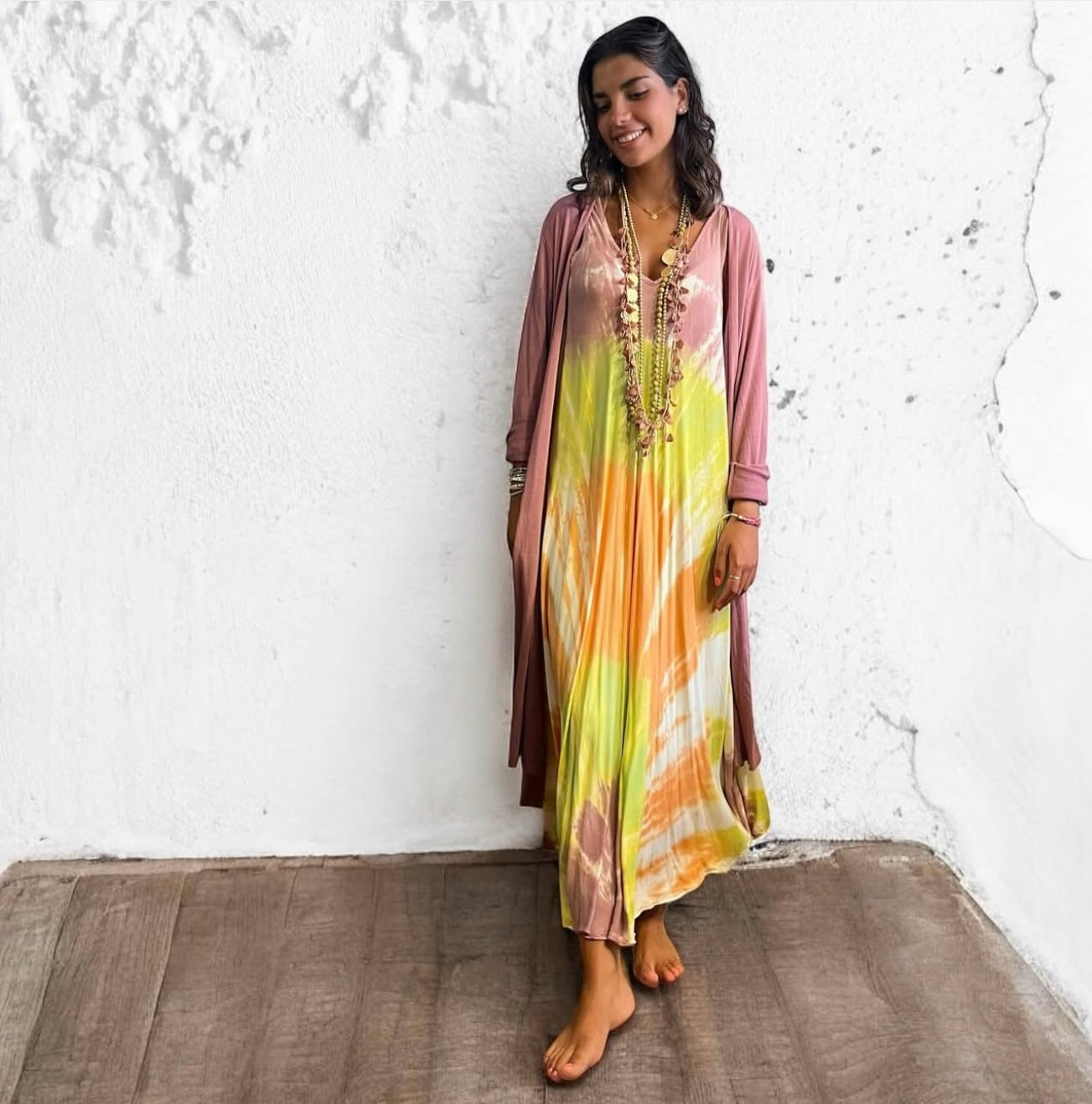 Vestido "Jasmine" tirante rosa y lima