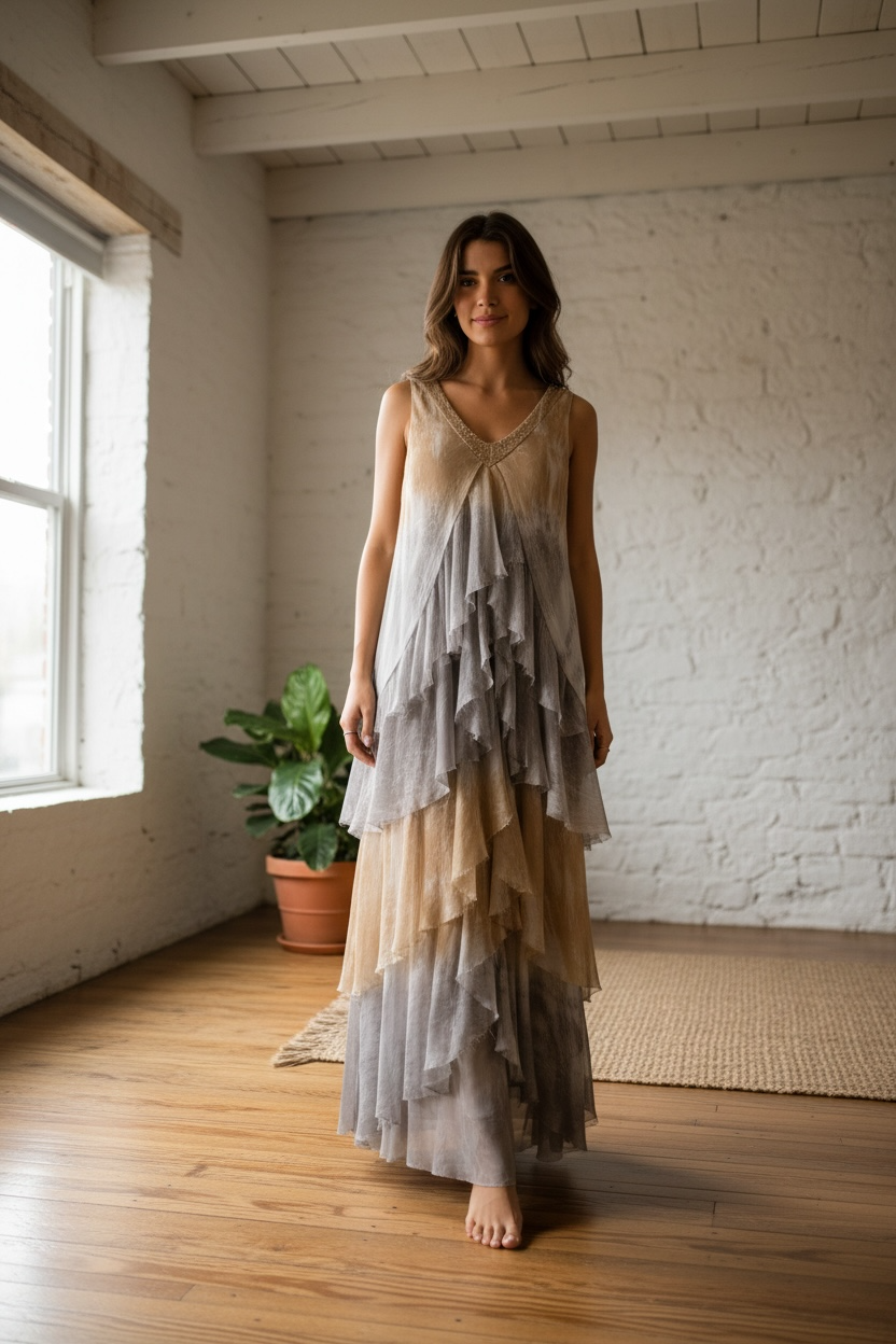 Vestido "Granada" gris y ámbar