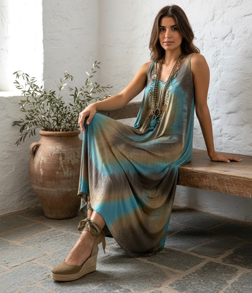 Vestido "Jasmine" tirante turquesa y topo