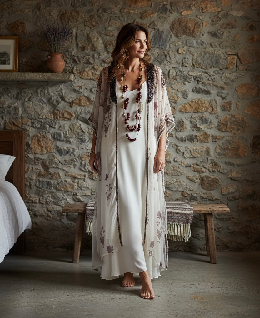 Kaftan "Sherezade blanco decorado en rubí y bordado en cobre"