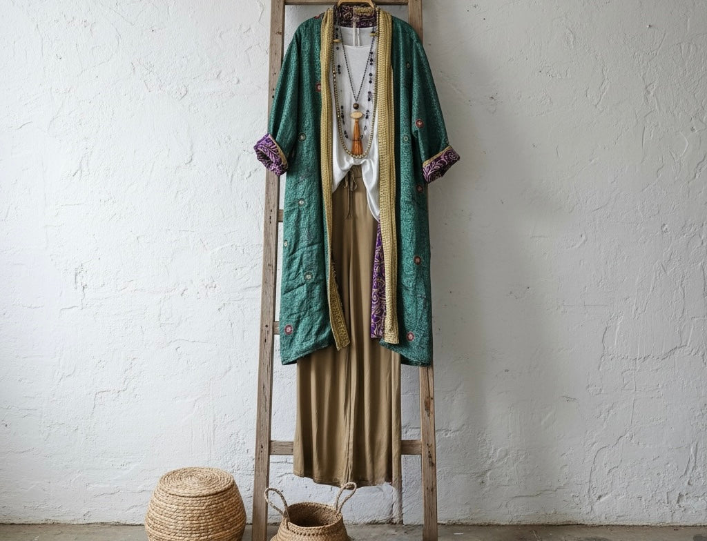 Kimono "Indira verde y malva"