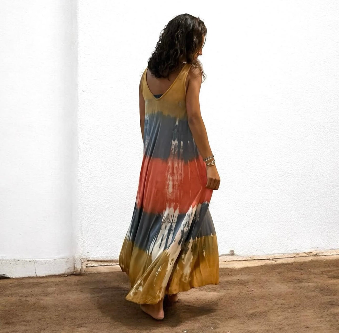 Vestido "Jasmine" tirante coral, ocre y azul