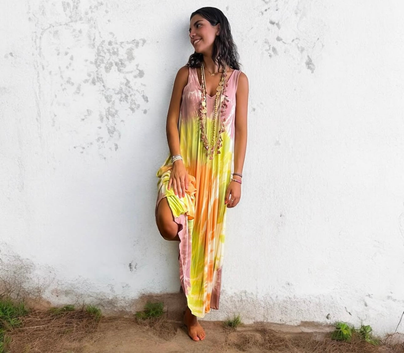 Vestido "Jasmine" tirante rosa y lima