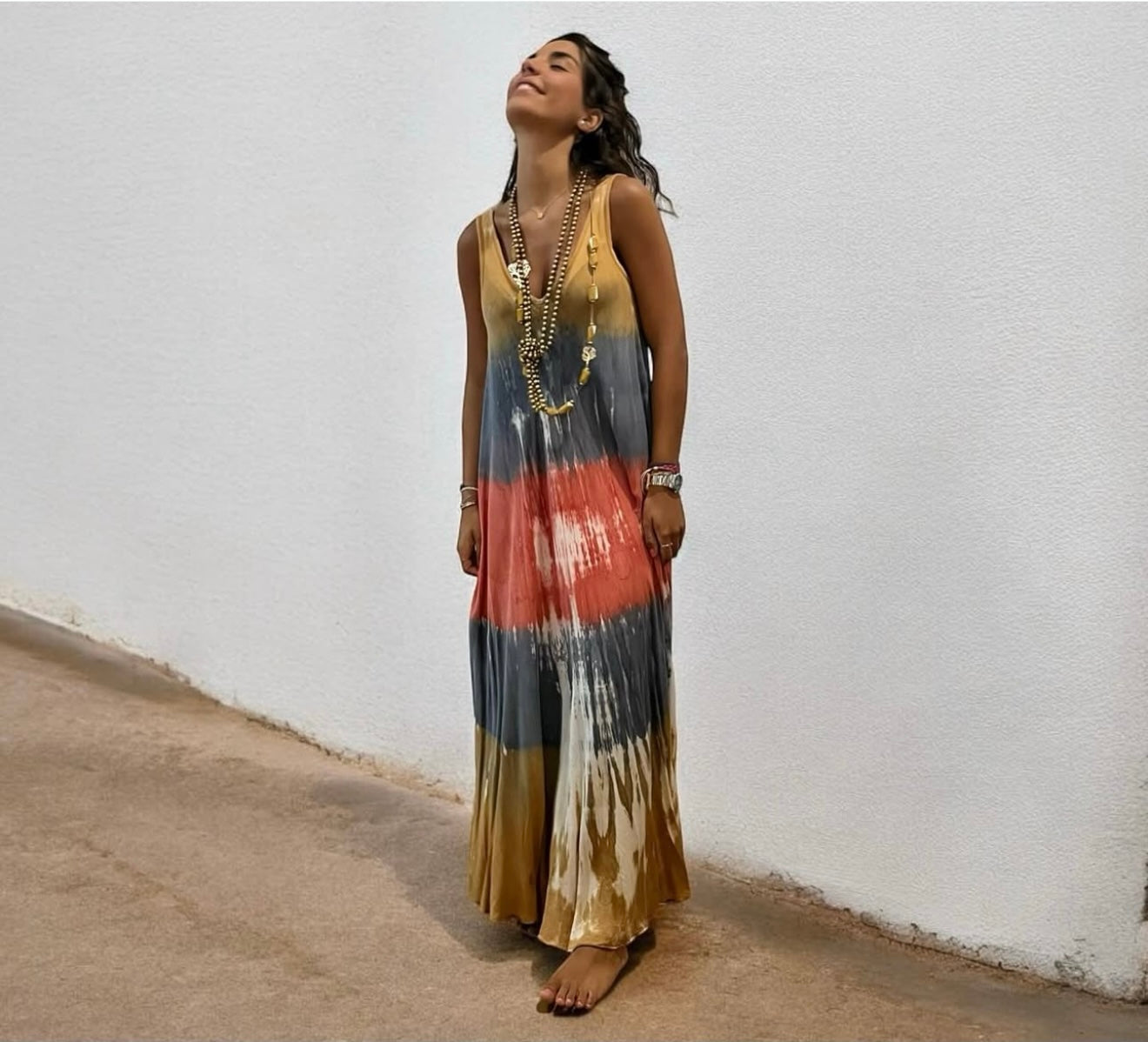 Vestido "Jasmine" tirante coral, ocre y azul