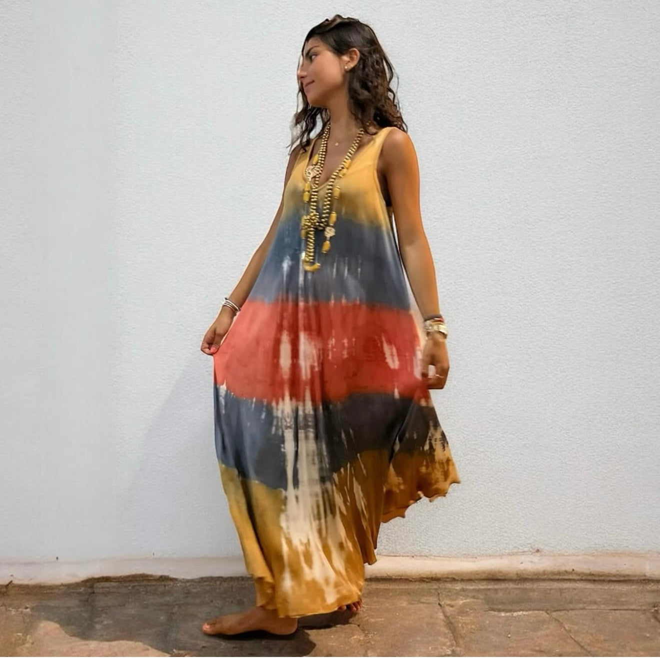 Vestido "Jasmine" tirante coral, ocre y azul