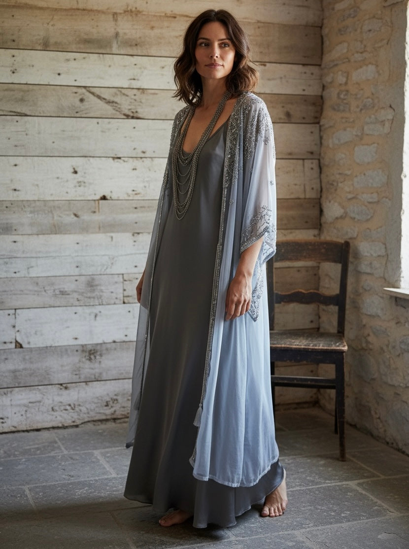Kaftan "Sherezade Azul Claro" bordado en plata