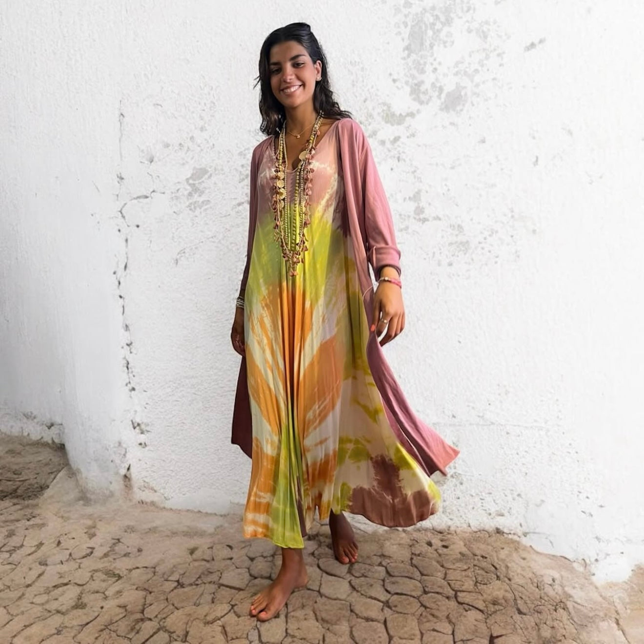 Vestido "Jasmine" tirante rosa y lima