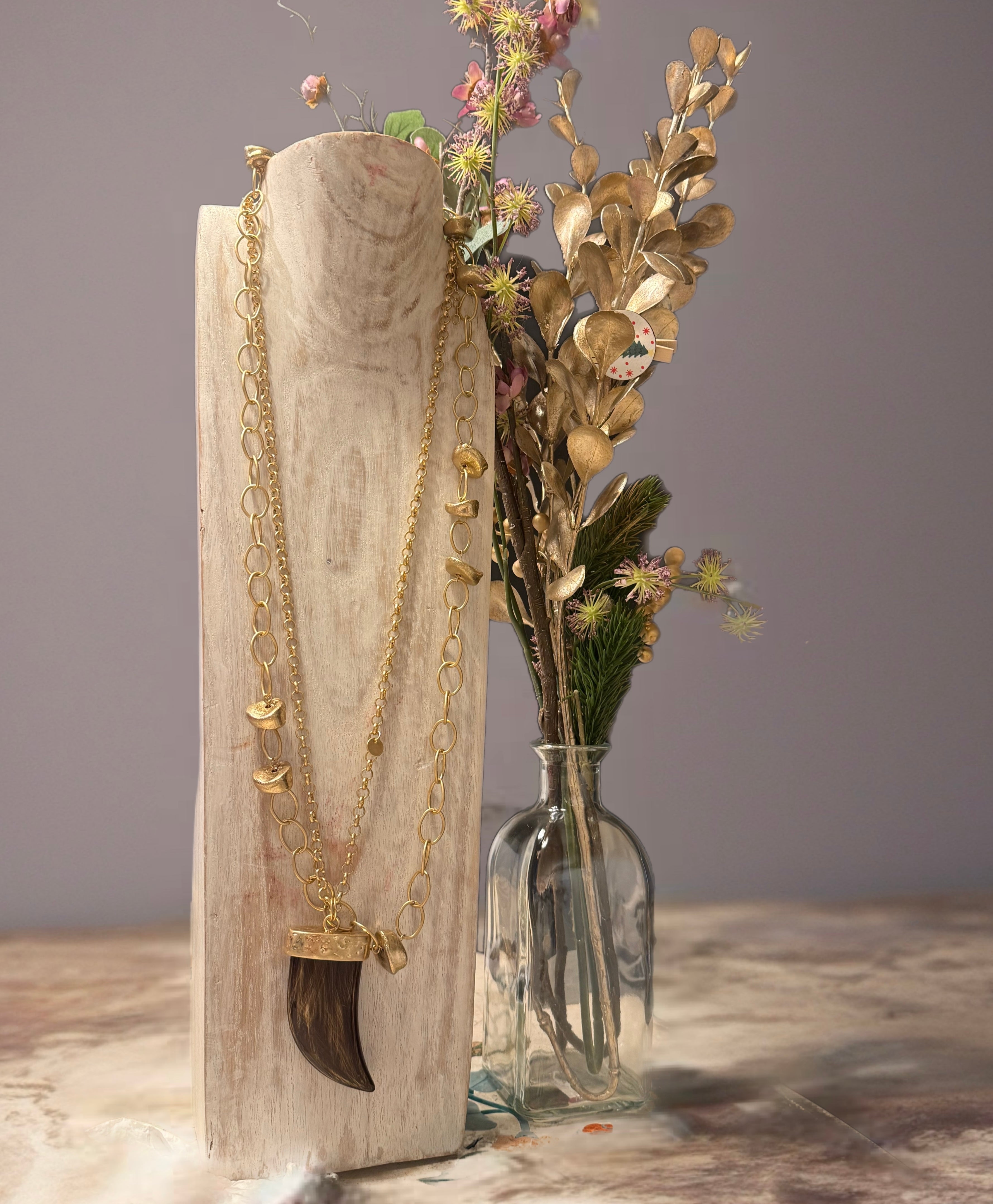 Collar "Cadena y Cuerno" marrón