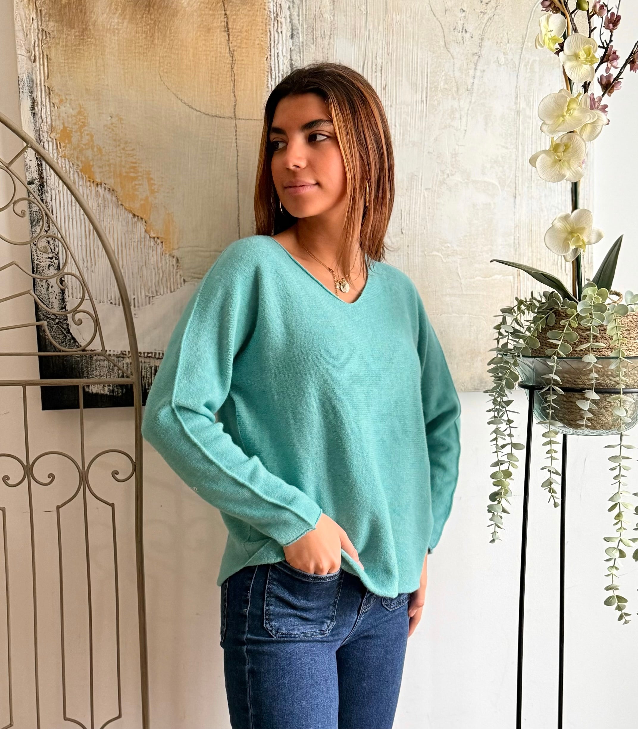 Jersey "Gemma" turquesa cuello pico