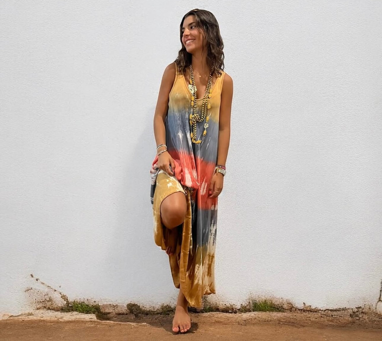 Vestido "Jasmine" tirante coral, ocre y azul