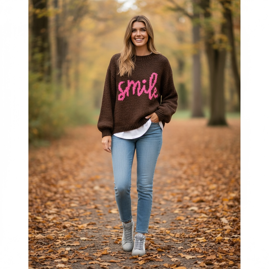 Jersey "Smile" marrón con fucsia
