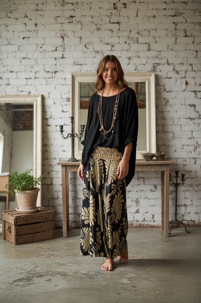 Falda pantalón  "India Bimba" negro y oro