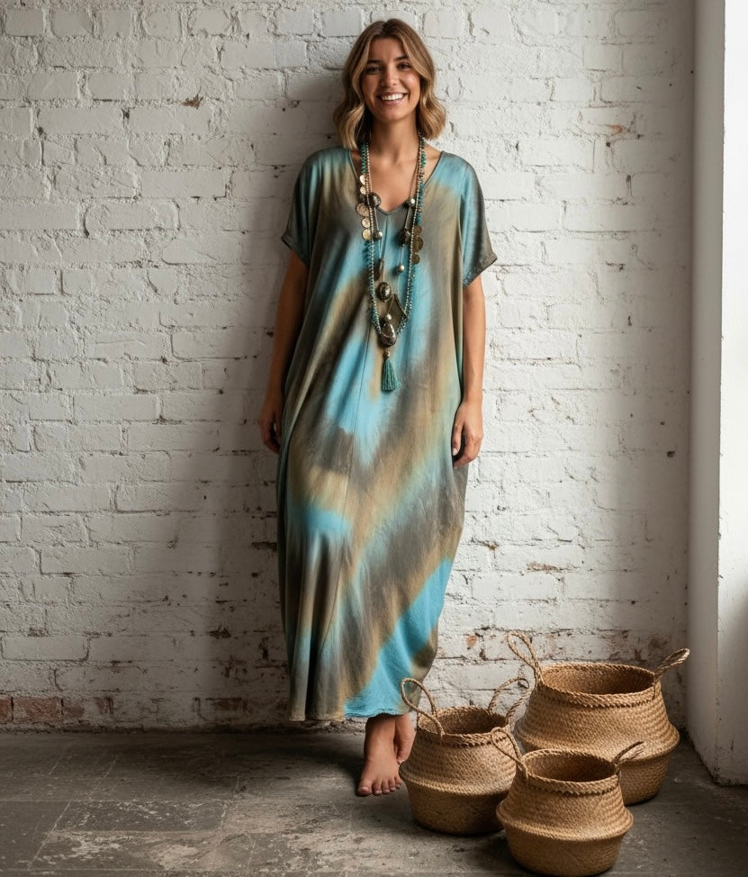 Vestido "Jasmine" turquesa y topo