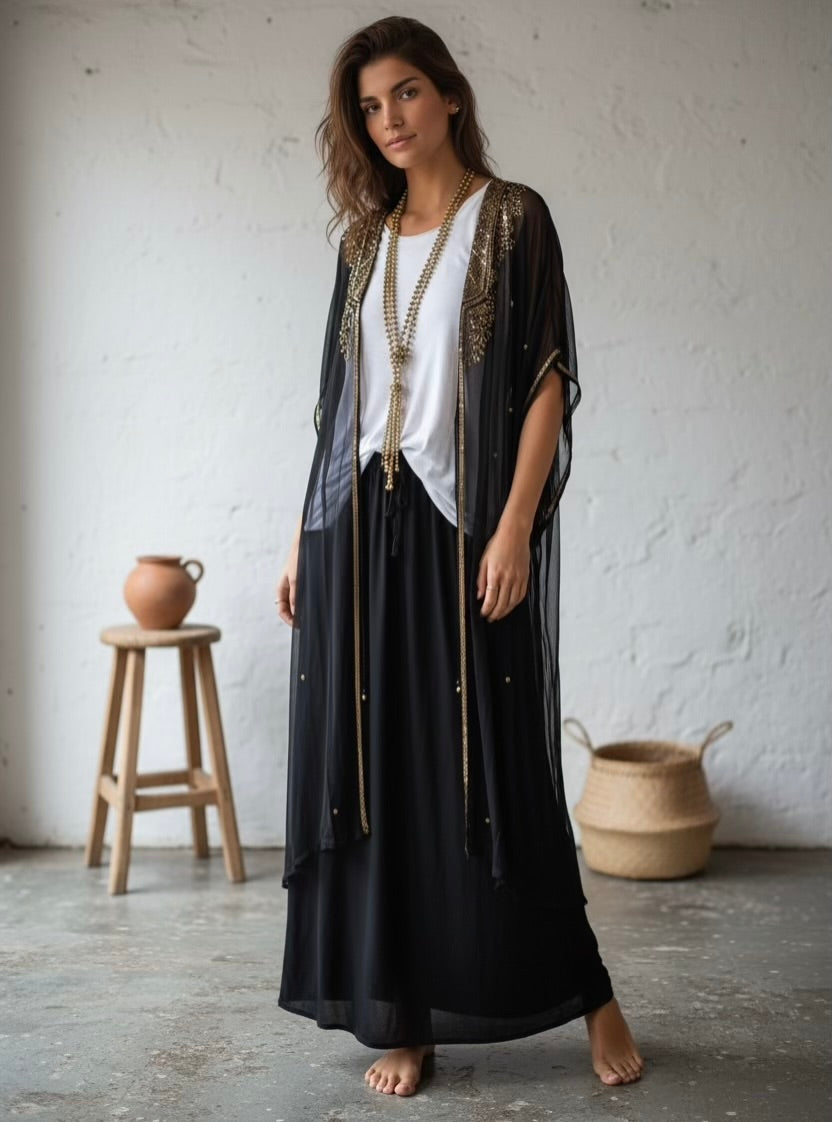 Kaftan "Sherezade" negro bordado en oro