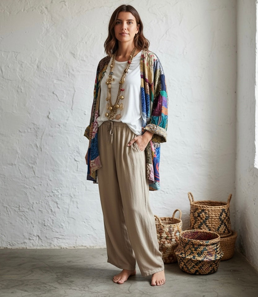 Kimono "Shalimar Patchwork y Oliva" corto